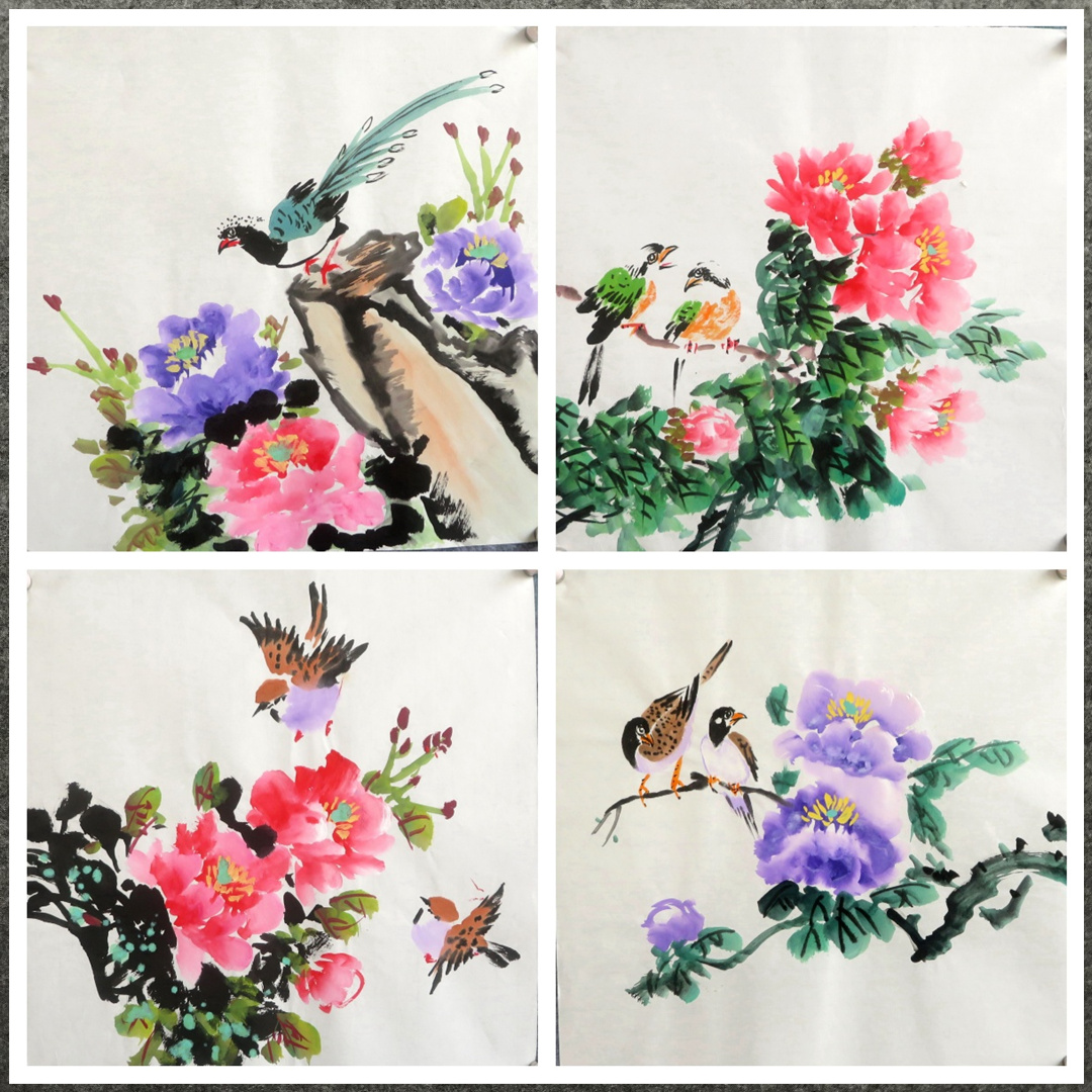 34X34CM装饰国画花鸟字画纯手绘四尺八开牡丹小品MX402146-193