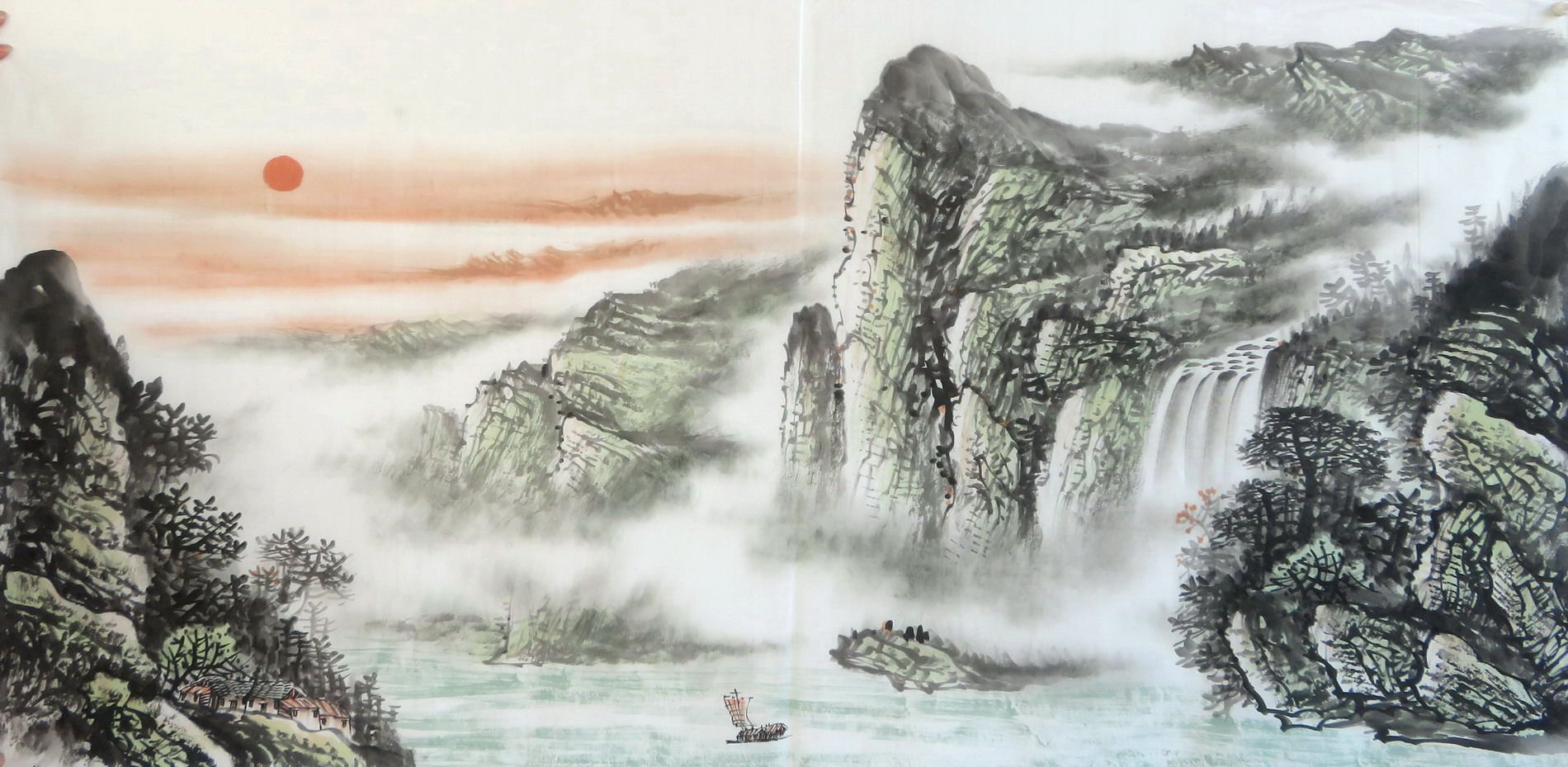 【墨香村】水墨装饰国画纯手绘四尺山水一帆风顺旭日东升04