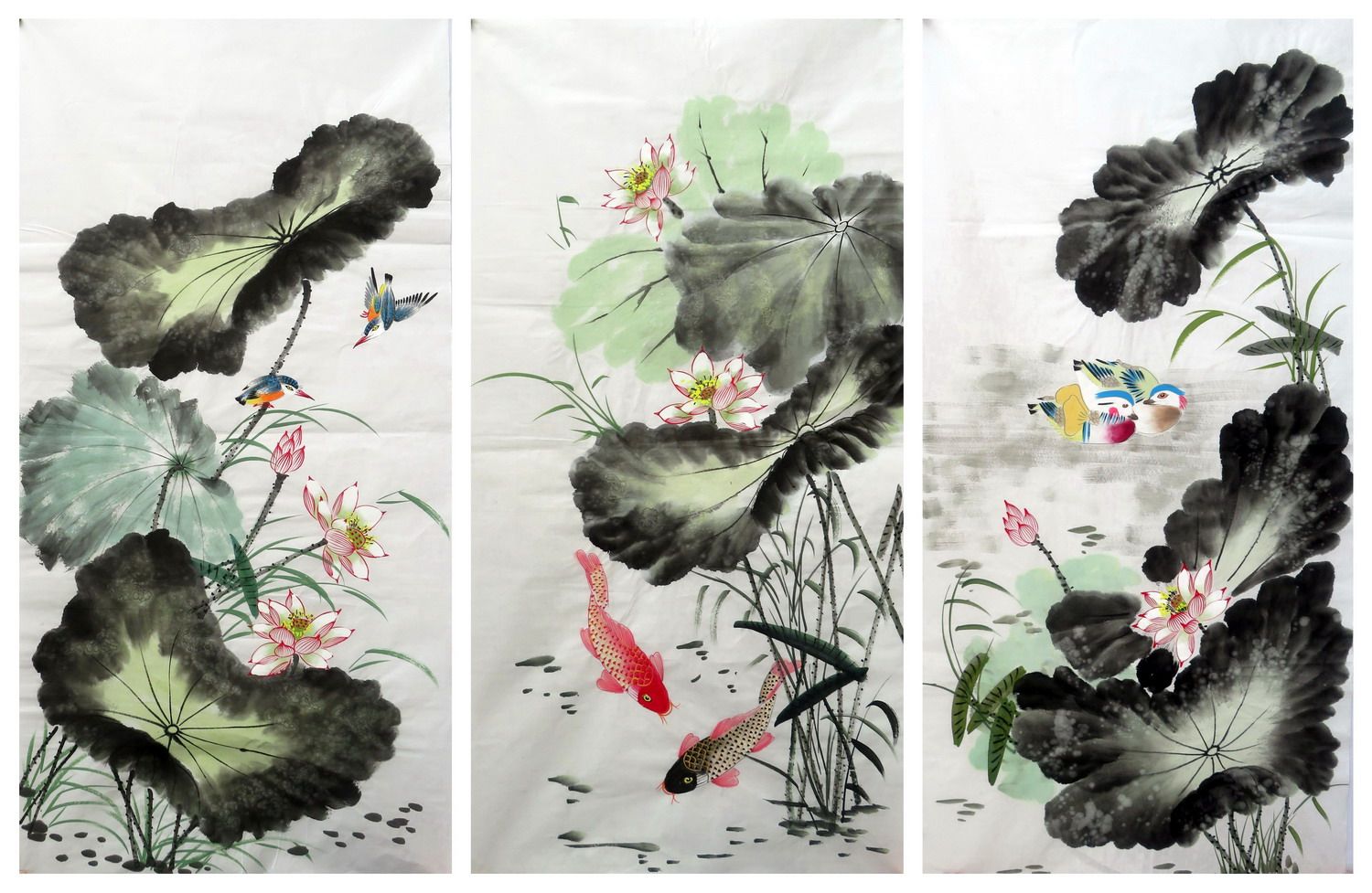 136x68厘米精品装饰国画纯手绘花鸟字画四尺荷花鱼鸳鸯连年有余02