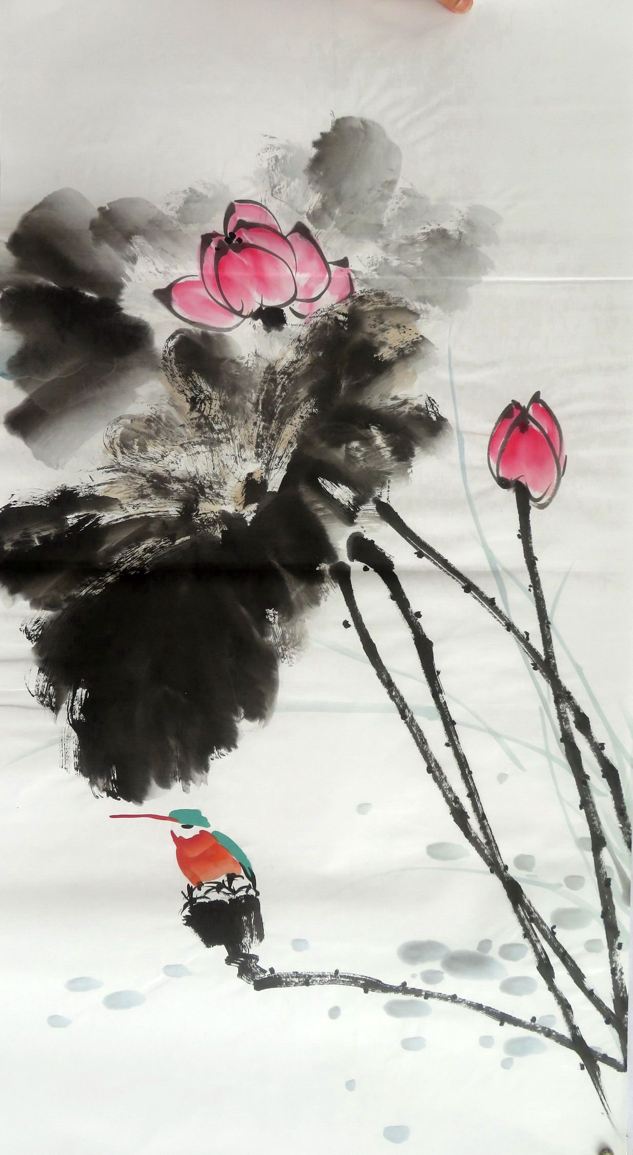 墨香村中堂客厅装饰竖幅挂画国画纯手绘花鸟三尺荷花清趣图26