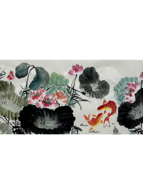 墨香村180X68厘米装饰国画纯手绘花鸟画小六尺荷花鱼MK3072201-4