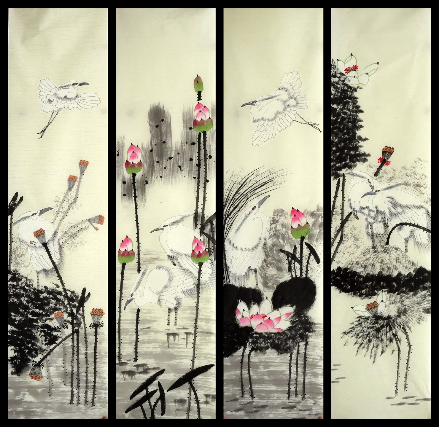 墨香村条幅装饰国画画芯套画花鸟画纯手绘四条屏荷花mt8060703