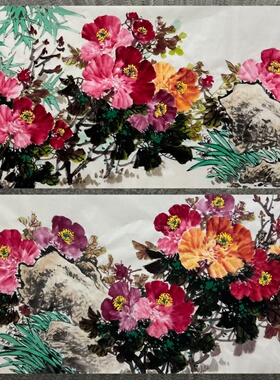 136X68CM横幅纯手绘四尺牡丹国画客厅玄关吉祥装饰画MW6040701-20