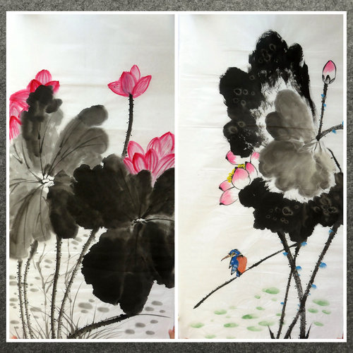 墨香村中堂装饰国画字画纯手绘花鸟三尺荷花和气致祥MA2011301-26