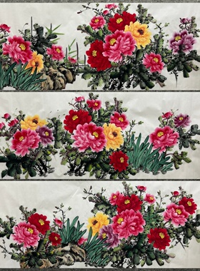 墨香村180X68CM客厅装饰国画花鸟挂画纯手绘小六尺牡丹花开富贵01