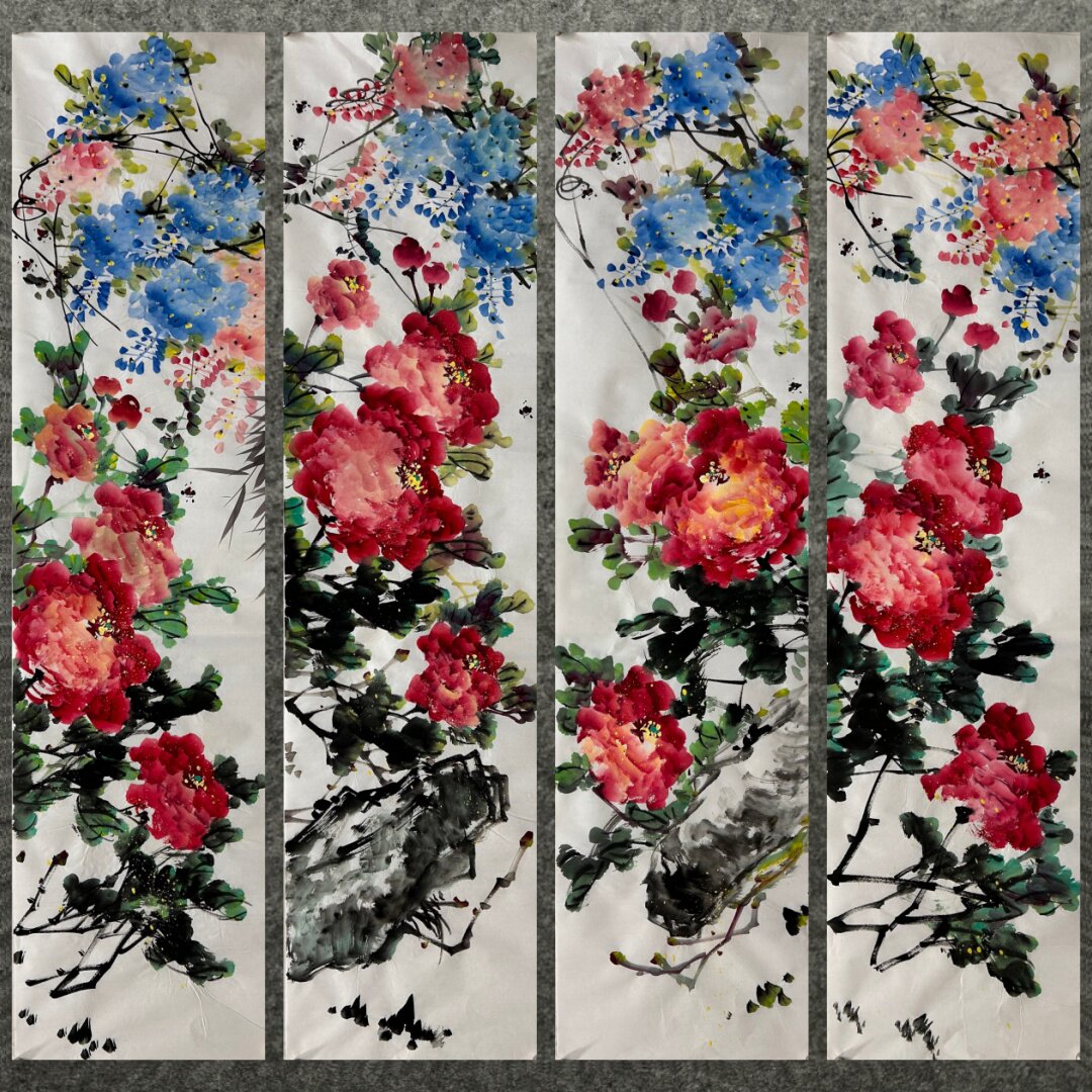 136X34厘米条饰国画批发花鸟纯手绘四尺对开牡丹紫藤MD6011021-40