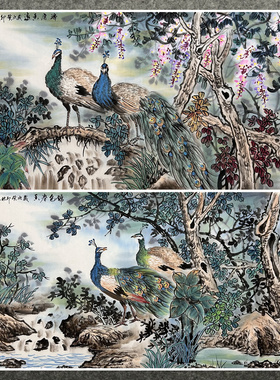 墨香村高档装饰国画写意花鸟画纯手绘四尺孔雀紫藤MX3100101-15