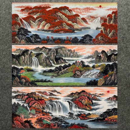 墨香村酒店装饰国画纯手绘鸿运当头小六尺山水画旭日东升聚宝盆02