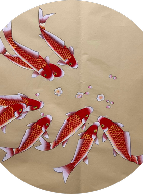 直径68厘米国画工笔花鸟画纯手绘圆形鲤鱼九鱼MB3090207-16