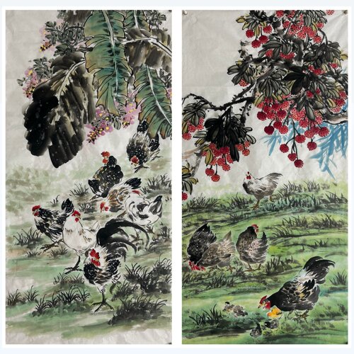 墨香村中堂装饰国画芭蕉花鸟纯手绘四尺花鸟画鸡趣MJ6091101-5