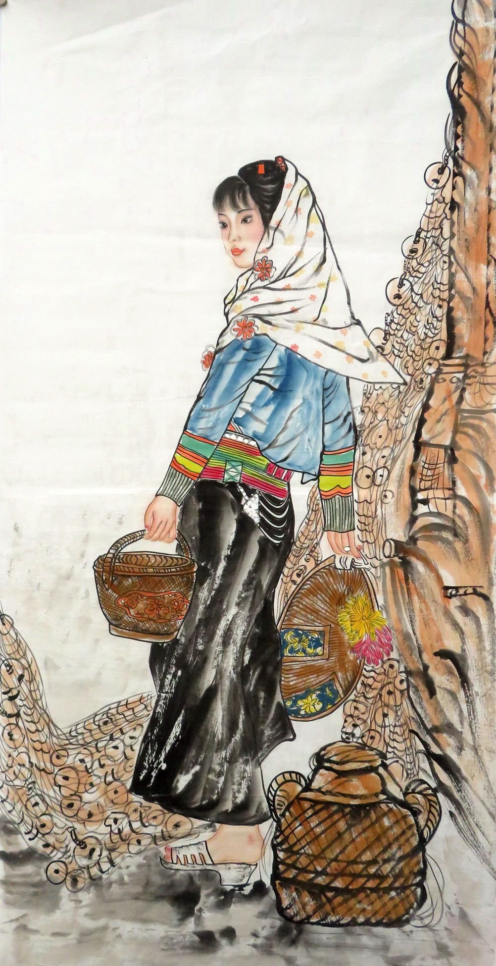 【墨香村】高档工笔国画纯手绘挂画四尺人物画美女mh1101302