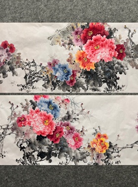 180X68CM精品纯手绘小六尺牡丹国画客厅吉祥装饰画MW6032601-10