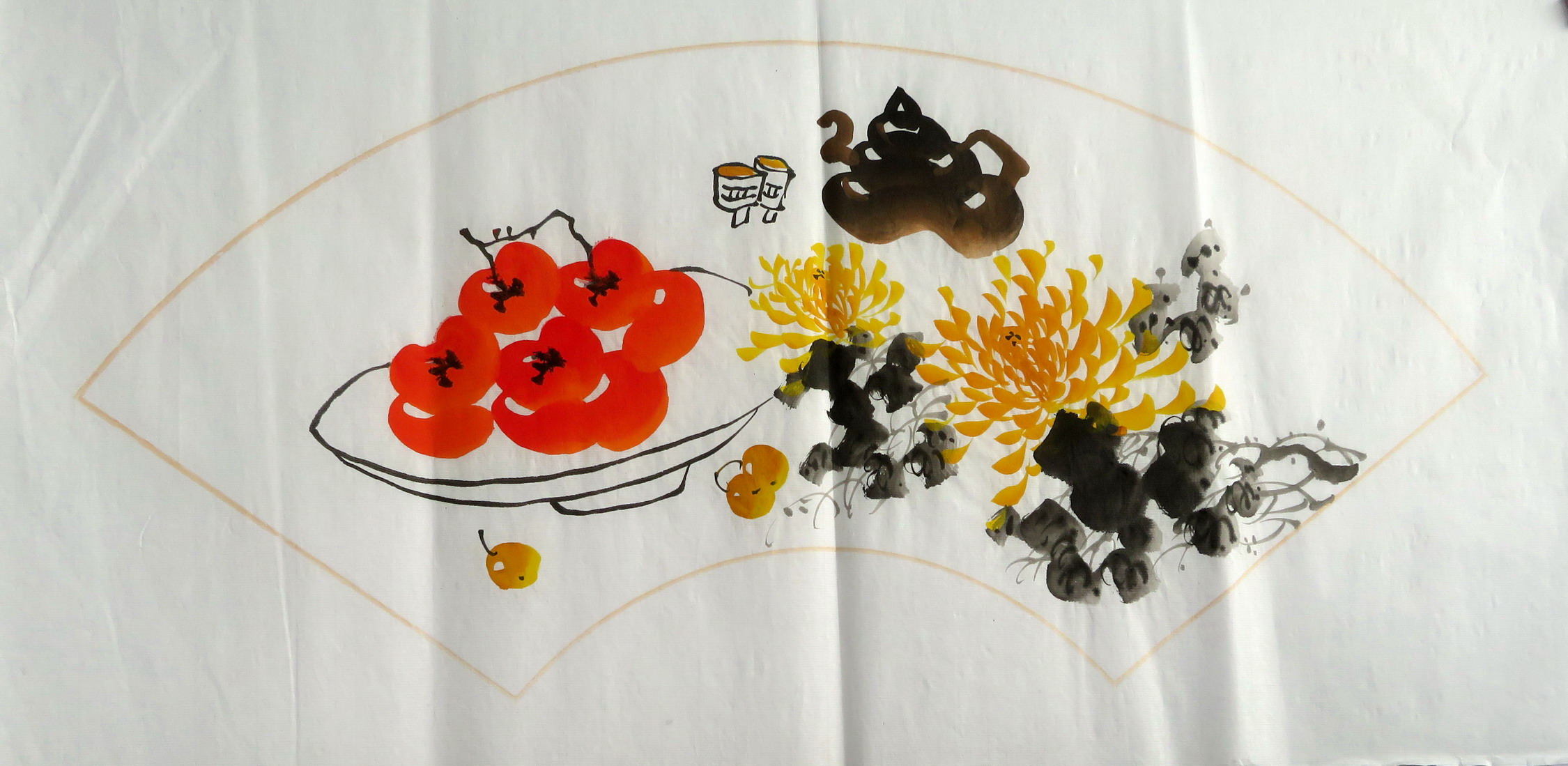 特价国画字画全新纯手绘扇面花鸟画四尺四开菊花 鸟语花香12
