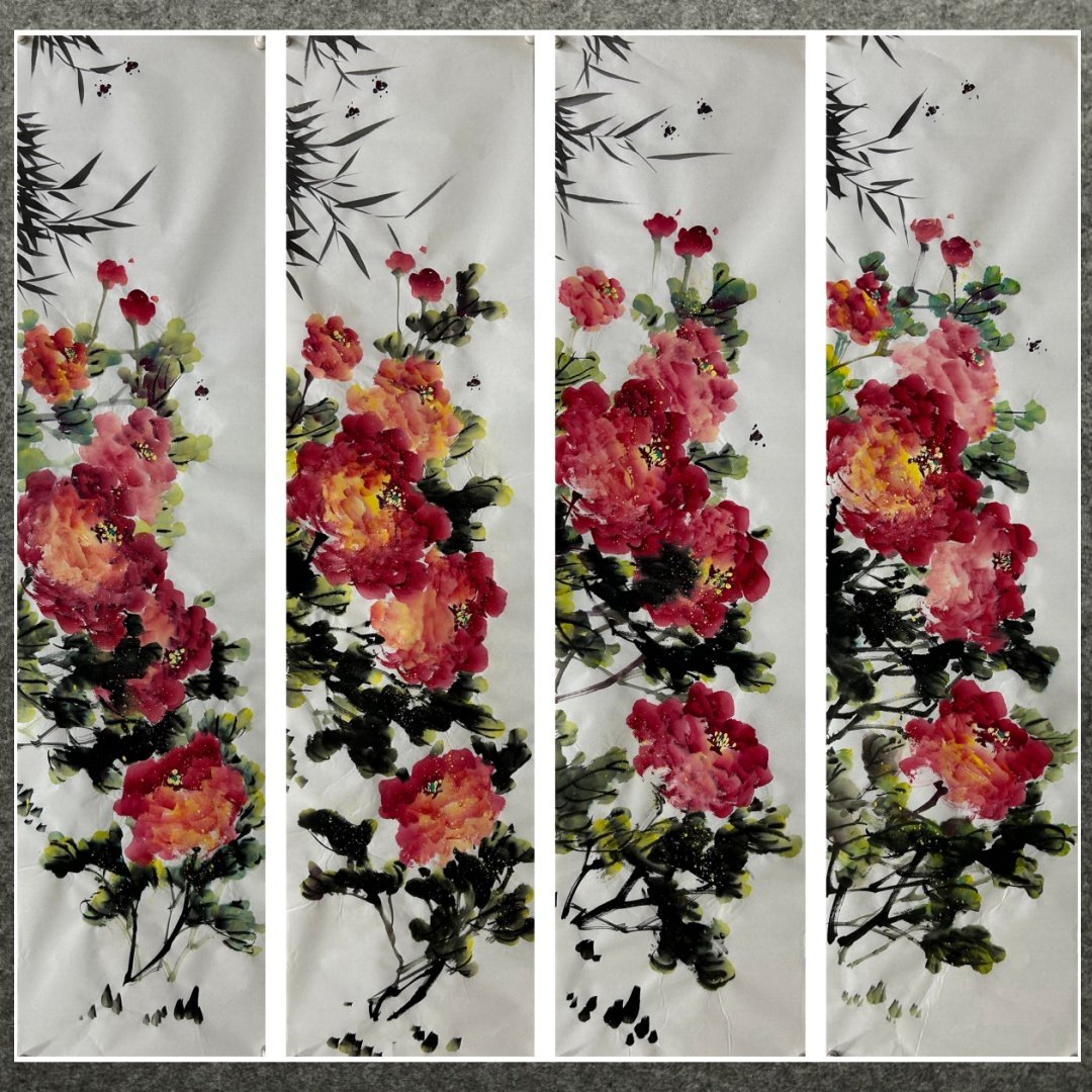 136X34厘米条饰国画批发花鸟画纯手绘四尺对开牡丹MJ5122731-60