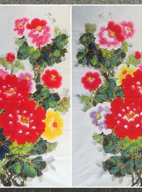 136X68厘米中堂国画字画手绘花鸟画金线勾线四尺牡丹MB90401-11