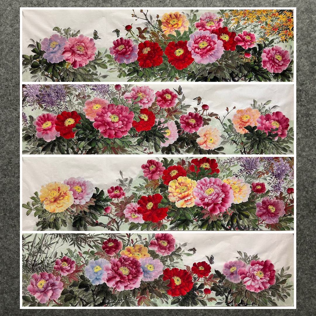 180X48厘米装饰国画花鸟纯手绘六尺对开牡丹花开富贵MV5092501-5