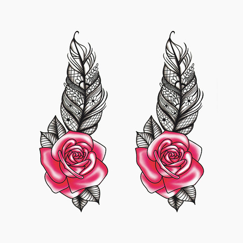 羽毛玫瑰花剖腹产疤痕纹身贴女竖横防水持久仿真遮疤纹身刺青贴纸