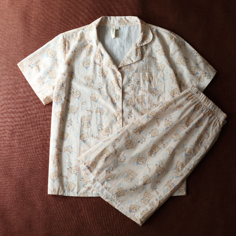 梵高七月夏季新款 可爱宽松蝴蝶结小熊短袖短裤家居服睡衣套装女