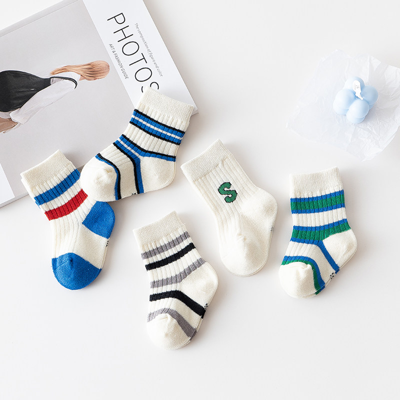 儿童袜子中筒纯棉春秋季男童女童中小童新生婴儿宝宝白色字母条纹