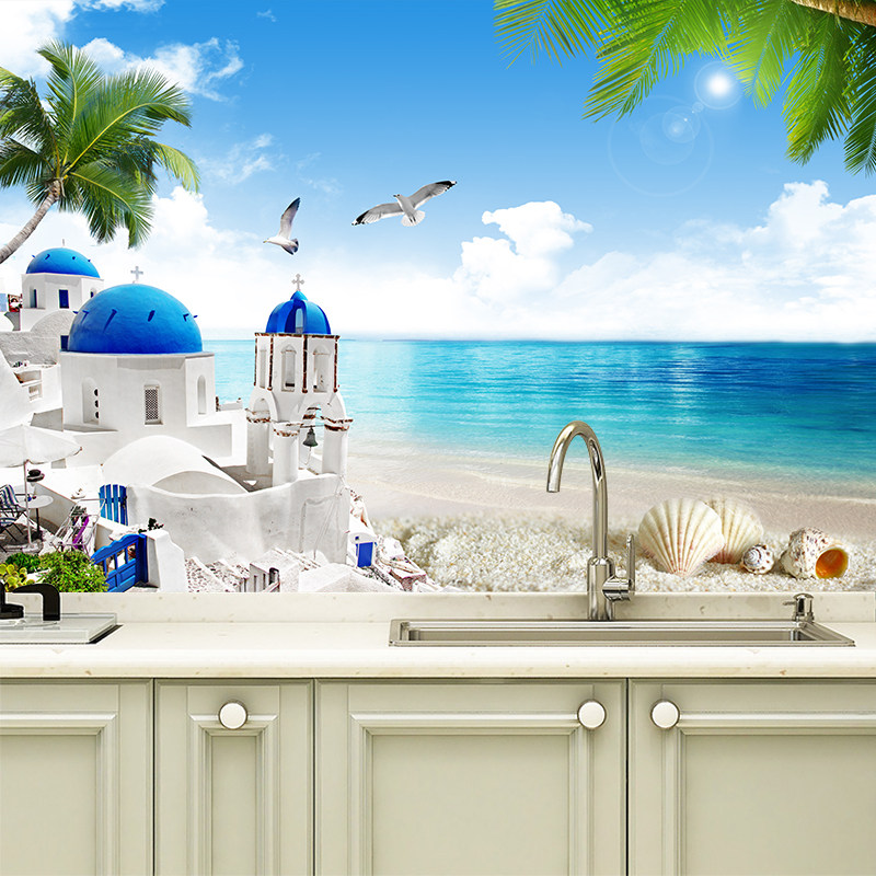 浴室卫生间厨房背景墙装饰墙纸壁纸海报墙贴海边沙滩风景自粘贴纸