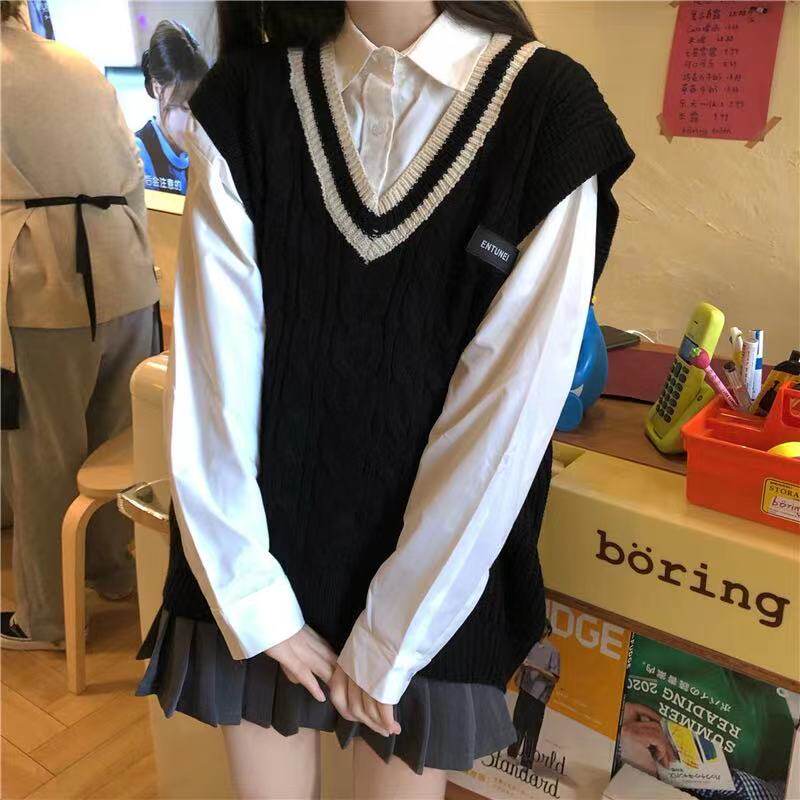 三件套装/单件学院风拼色字母宽松减龄毛衣马甲衬衫百褶裙2022秋
