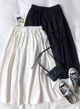 RENA极简主义日系少女工装简约黑白显瘦中长款松紧腰伞裙半身裙潮
