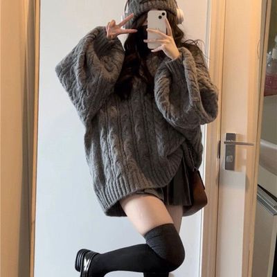 慵懒风复古加厚V领宽松灰色麻花毛衣女学生秋冬韩版百搭针织衫潮