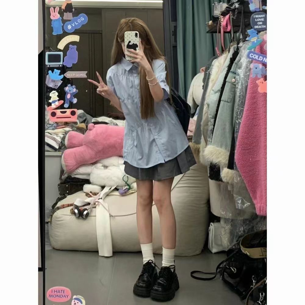 衬衫女夏季短袖百褶裙两件套