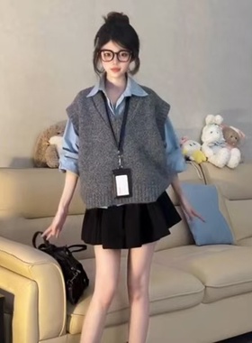 单件/套装韩系简约灰色v领针织马甲背心毛衣女学生+蓝色长袖衬衫