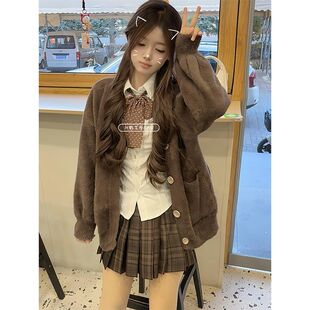 日系JK学院毛茸茸针织毛衣开衫 女 外套秋冬焦糖软妹格裙圣诞节套装