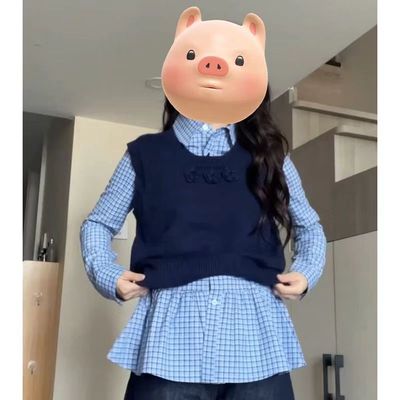 韩系复古学院风蓝色格子衬衫