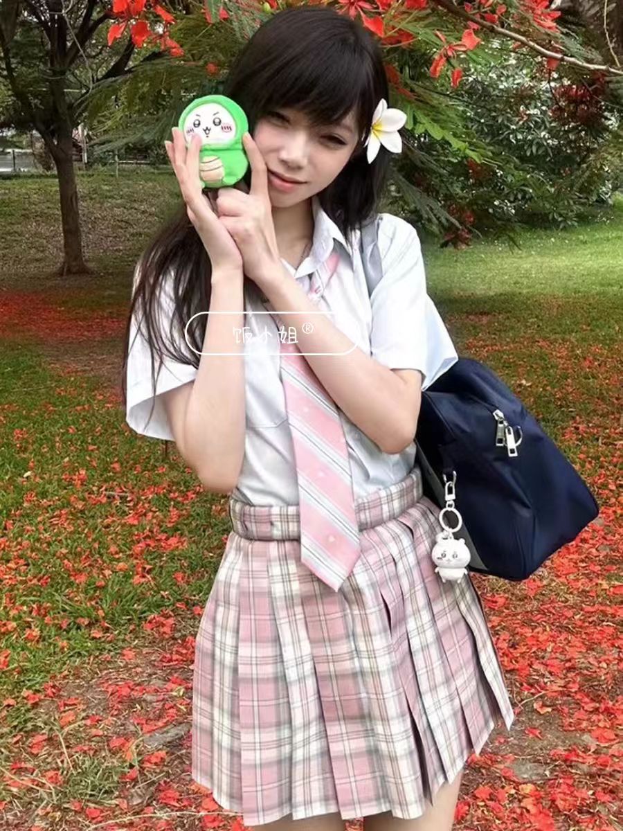 原创正版jk制服学院风夏季短袖紧身衬衫收腰显瘦白色衬衣短裙套装