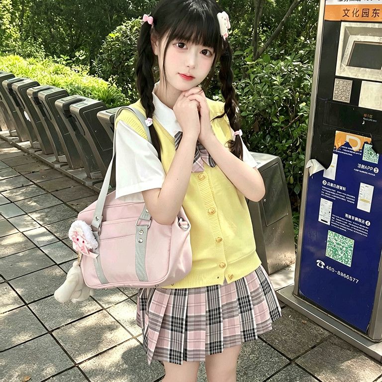 琉璃喵JK原创格裙黄色针织马甲花边衬衫穿搭套装甜美校供感制服