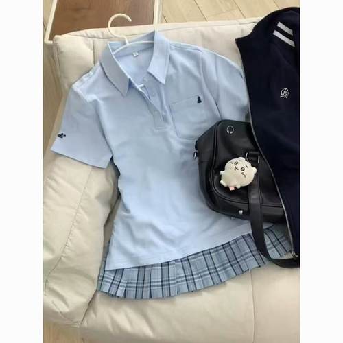 新款收腰POLO衫女jk制服日系学院风校供感刺绣短袖T恤女修身上衣