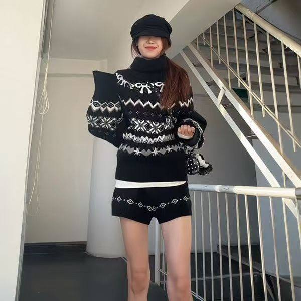 学院慵懒风秋冬穿搭一整套装高领针织提花费尔岛毛衣女+冬季短裤,女装/女士精品,时尚套装,淘宝优惠券,粉丝福利购,淘宝优惠卷