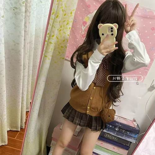日系JK制服针织学院开衫棕色马甲