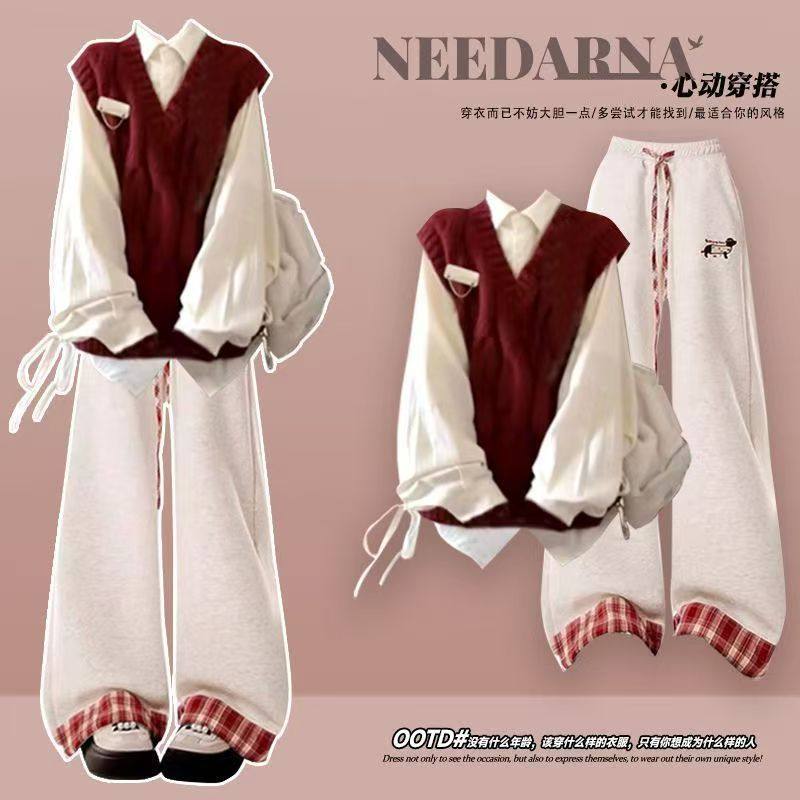 秋日童年穿搭一整套减龄韩系小香风红色针织套装女大方得体休闲裤,女装/女士精品,时尚套装,淘宝优惠券,粉丝福利购,淘宝优惠卷