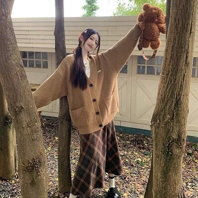 毛衣开衫格纹裙半身裙长裙两件套