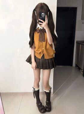 日系JK学院风针织焦糖格裙套装女