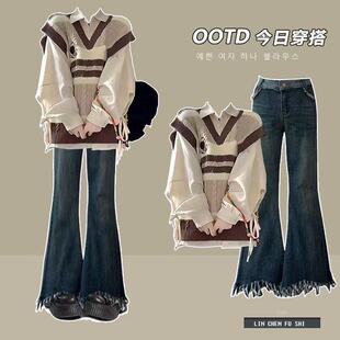 初高中学生早春装衬衫叠穿马甲女2025新款毛衣套装盐系穿搭一整套