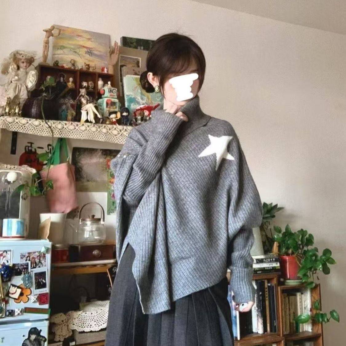 灰色高领斗篷上衣女早秋季新款设计感慵懒风不规则星星毛衣针织衫,女装/女士精品,时尚套装,淘宝优惠券,粉丝福利购,淘宝优惠卷