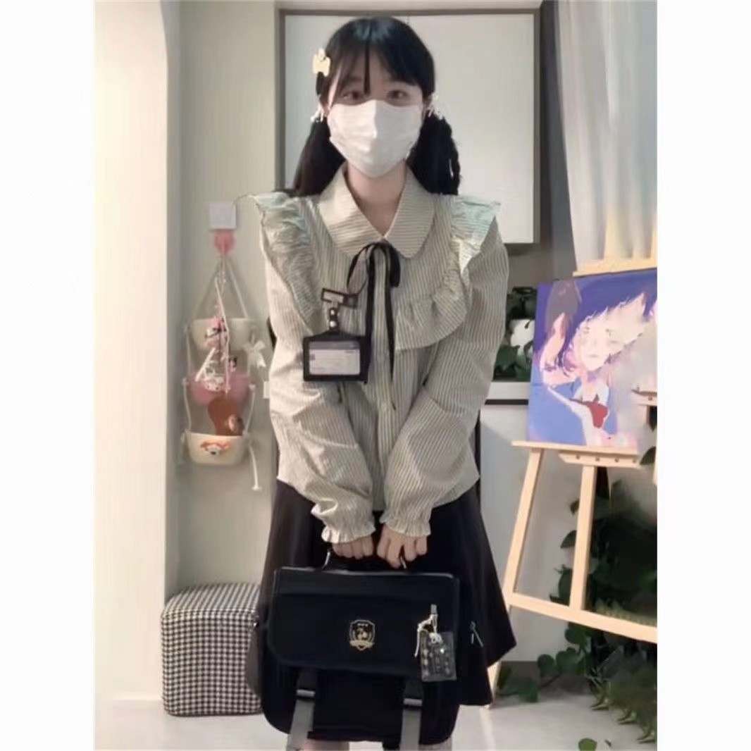 条纹衬衫女学生高腰百褶半身裙