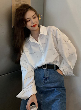 春夏2024新款复古港风抽象印花简约宽松BF中长款POLO领长袖衬衫女