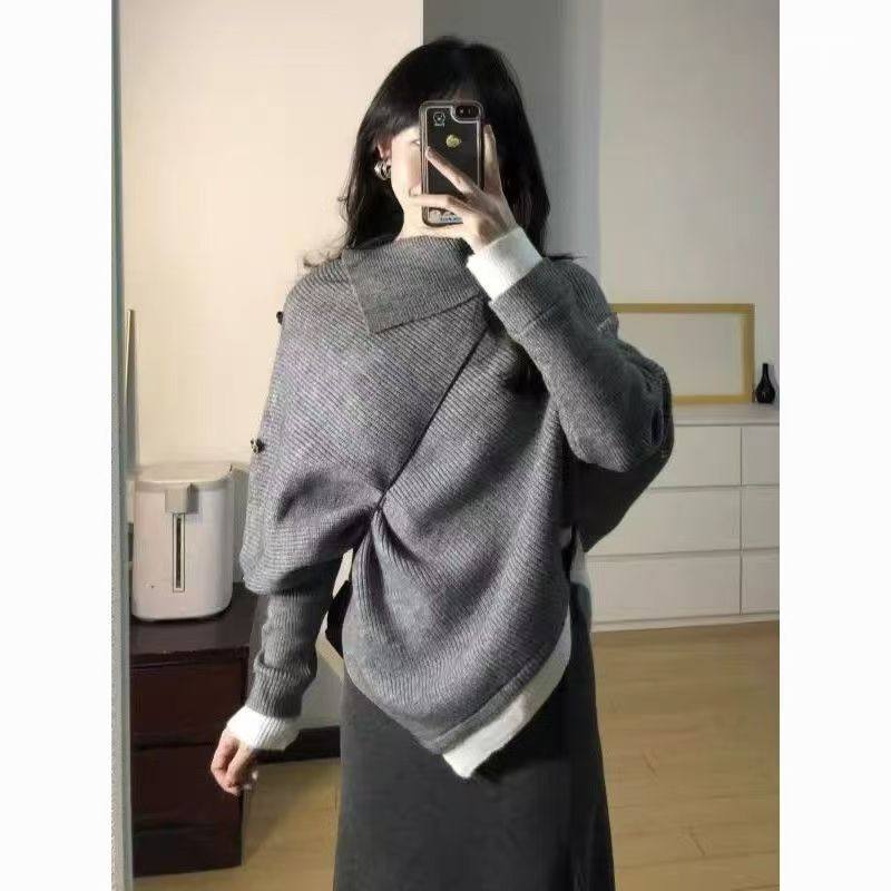 韩系毛衣不规则针织衫灰色毛呢裙