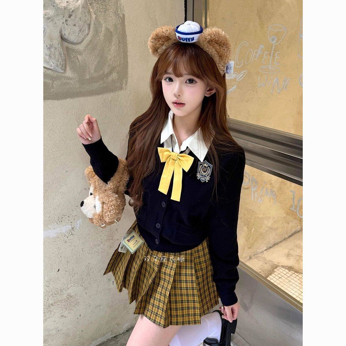 2025春秋季英伦风JK制服套装甜辣风格纹百褶短裙长袖开衫外套叠穿