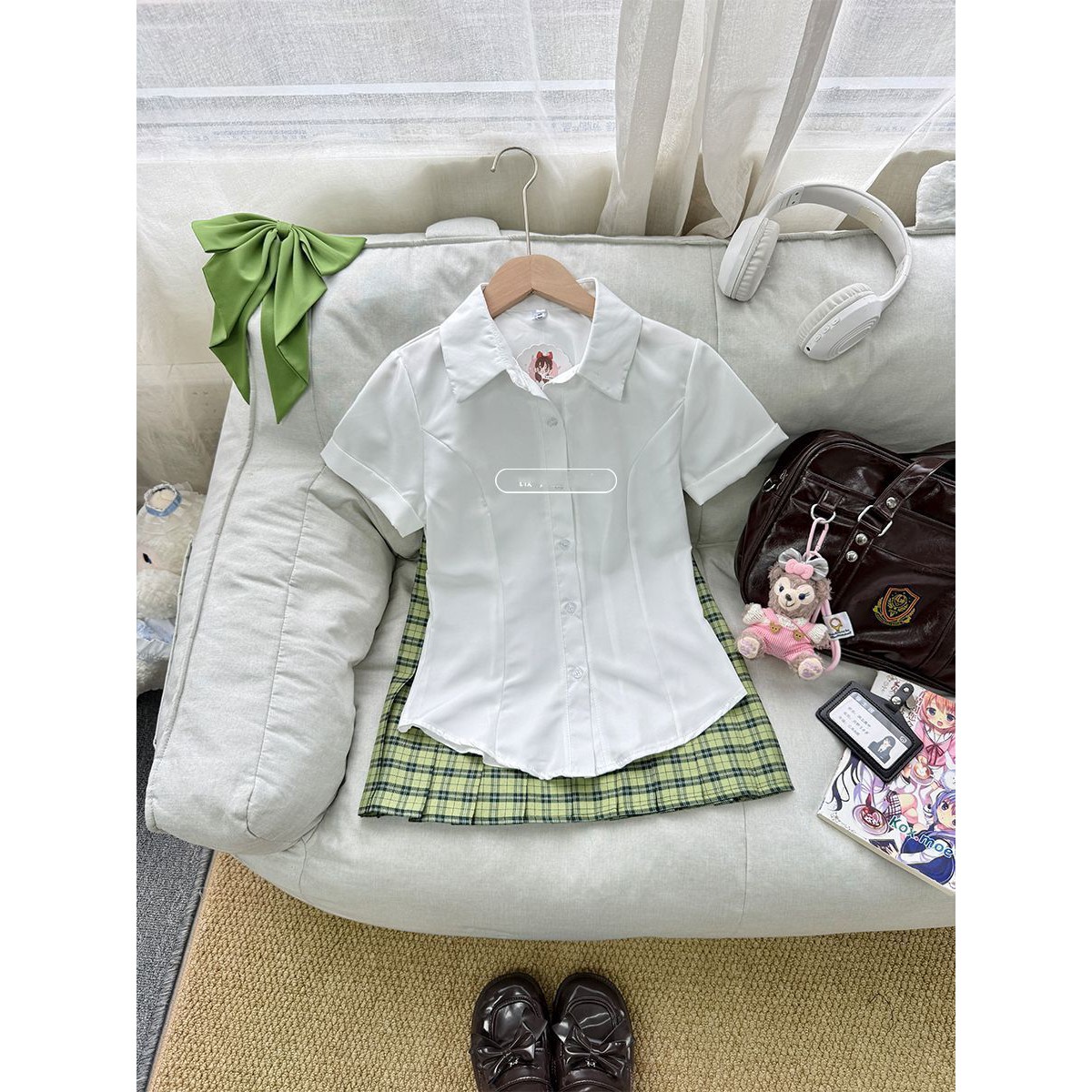 小青梅夏季JK制服穿搭白色收腰刺绣衬衫上衣搭配绿格百褶裙套装女