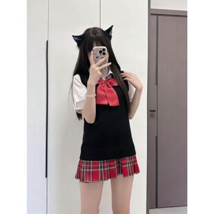 学院JK针织衫小辣椒制服jk马甲针织毛衣背心上衣短裙格裙套装