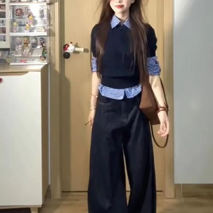 套装女2025春季新款韩系学院风短款针织毛衣叠穿格子衬衫两件套