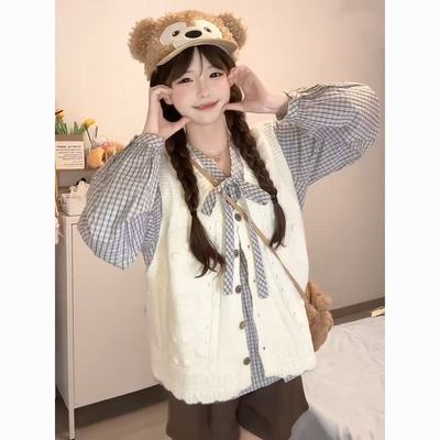 学院蝴蝶结系带长袖衬衫针织马甲