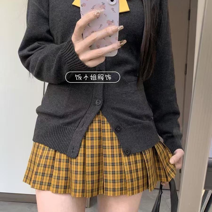 原创JK制服裙黄色小格子感格裙高腰半身裙女秋冬毛衣校供感套装
